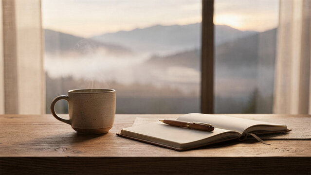 Steaming tea mug and open journal by mountain window