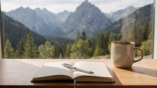 Open notebook and steaming mug by mountain view window