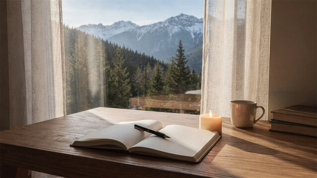 Open notebook on wooden desk by mountain window