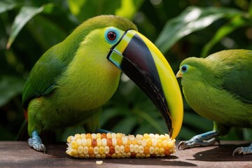 Obraz premium Green emerald toucan eats corn cob on wooden surface. Exotic tropical bird with large colorful beak feeds near small green bird. Two avian animals forage for food in rainforest jungle. Close up