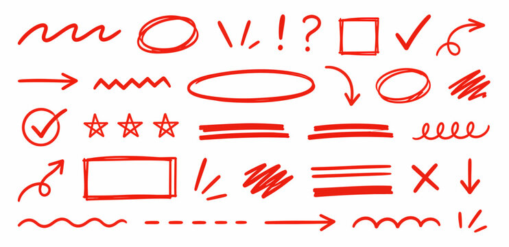 Red Marker Arrow, Underline and Check Mark Doodle Set