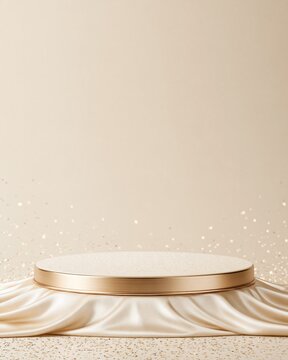 Rose Gold Round Podium Stage With Champagne Silk Fabric And Golden Glitter On Beige Background Vertical Copy Space For Luxury Cosmetic Product Mockup