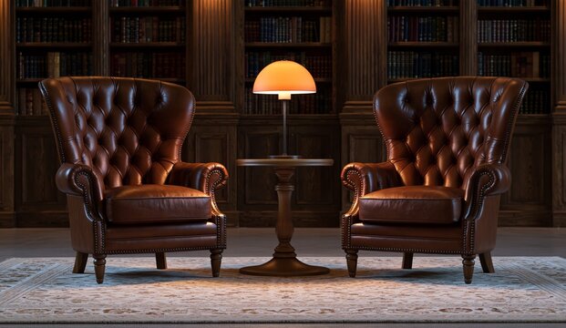 Two Brown Leather Tufted Armchairs In Cozy Classic Dark Wood Library With Bookshelves And Glowing Lamp Business Dialogue Legal Advisory Mentorship Concept