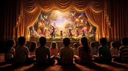 Obraz premium Group of diverse kids sit on floor watching puppet show in theater. Colorful fantasy puppet characters perform on stage with magic castle background. Children look at bright puppet play with wonder,