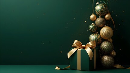 Fototapeta premium A pile of elegant dark green and gold Christmas ornaments cascading over a teal gift box tied with a golden ribbon, set against a deep green background with glitter.