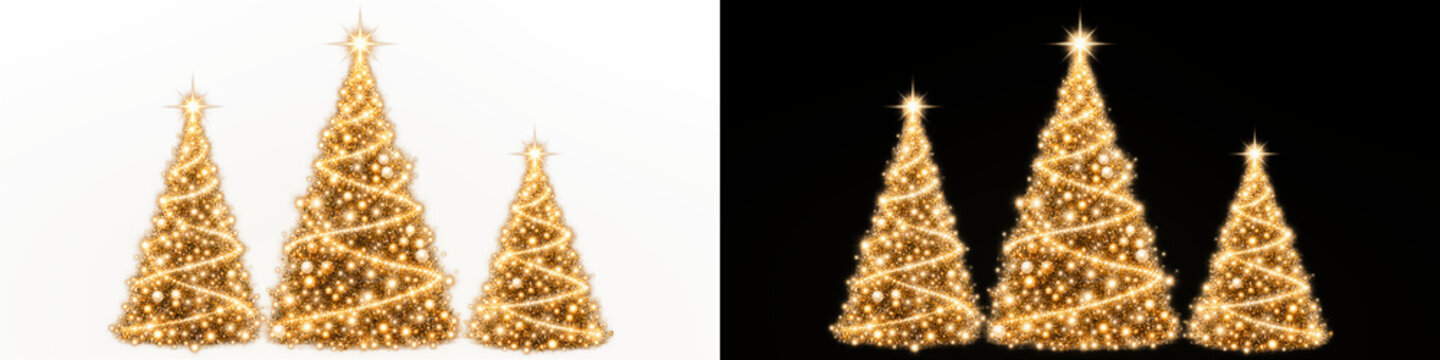 Row of three golden Christmas trees made of stardust on transparent background. Sparkling yellow pine tree silhouettes with glitter. Elegant holiday celebration trees create festive border.