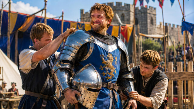 Knight being dressed in armor by squires. Medieval warrior receiving help preparing for jousting tournament in castle courtyard. Historical reenactment of Middle Ages combat lifestyle.