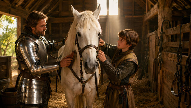 Knight and squire grooming white horse in wooden stable. Medieval warrior mentor teaching young boy care of steed. Historical drama setting for fantasy adventure and legendary tale.
