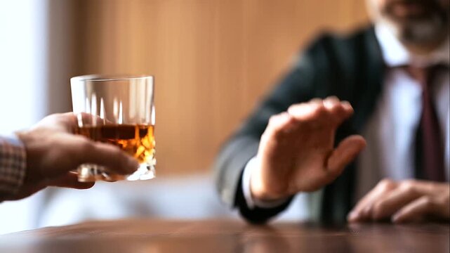 Adult rejecting an alcoholic drink by holding up one hand while another person offers a glass of amber liquor, close-up emphasizing the decision to avoid drinking, sober lifestyle