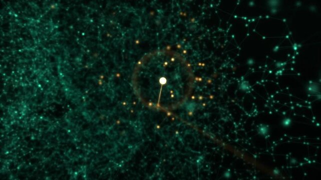 Neural network brain of glowing particles, camera flies inside as impulses fire and colors shift to gold