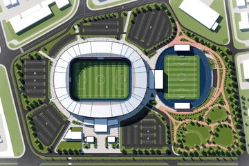 Obraz premium Aerial view of sports complex master plan. Modern stadium with soccer pitch, running track beside park area. Site map shows parking lots, roads, green landscaping, walking paths. Architectural