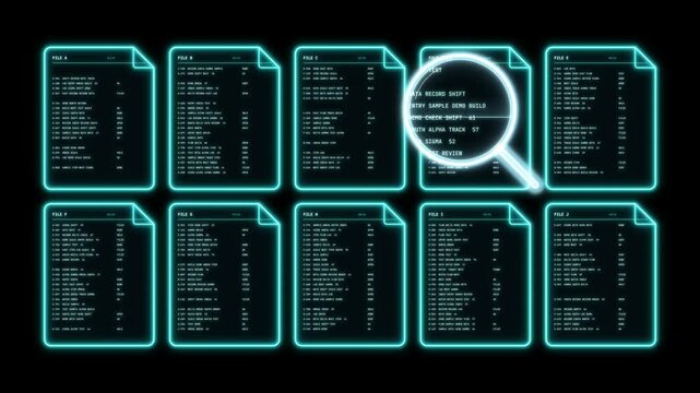 File search with magnifying glass scanning a grid of neon documents and finding the matching record
