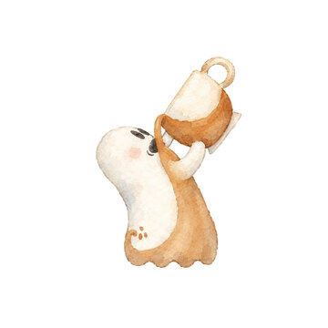 white ghost drinking coffee isolated background