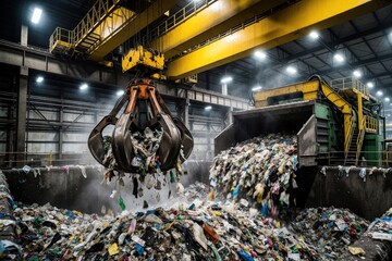 Naklejka na ściany i meble Industrial claw crane grabs large amount of household trash in waste to energy plant. Massive mechanical grabber moves garbage from hopper into processing pit. Modern recycling facility uses