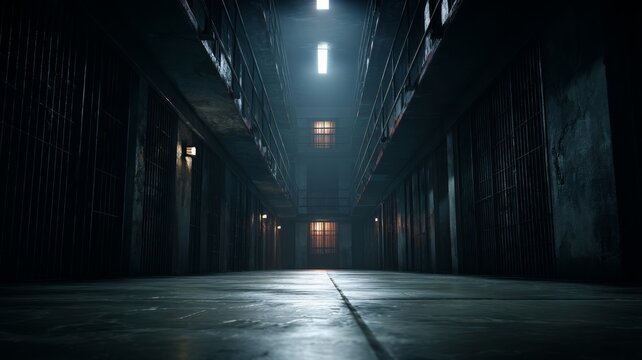 Dimly lit prison corridor, bars and shadows. Artificial intelligence image