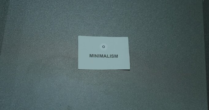 Minimalism text on a white paper card against a gray background, representing simplicity, intentional living and focus on essentials