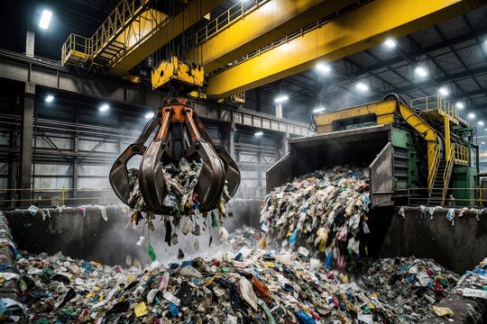 Industrial claw crane grabs large amount of household trash in waste to energy plant. Massive mechanical grabber moves garbage from hopper into processing pit. Modern recycling facility uses