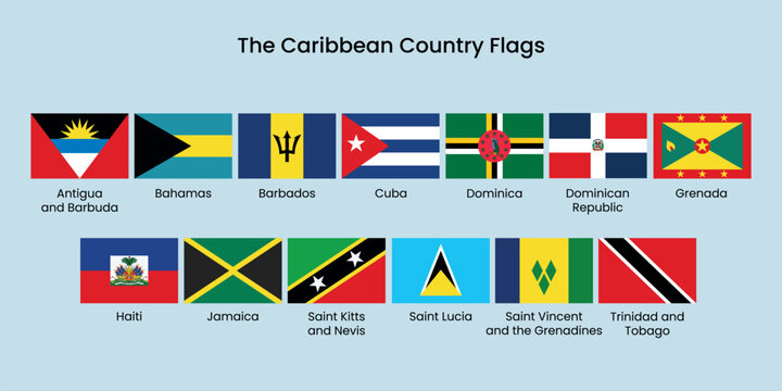 Colorful Caribbean national flags display element vector set