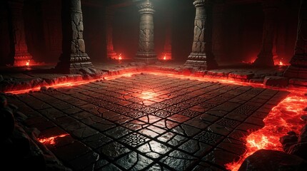 Fototapeta premium Bright red light glows over dark patterned stone tiles in ancient temple. Lava flows between old stone pillars in mysterious underground room. Fantasy dungeon interior with mystical energy, fiery