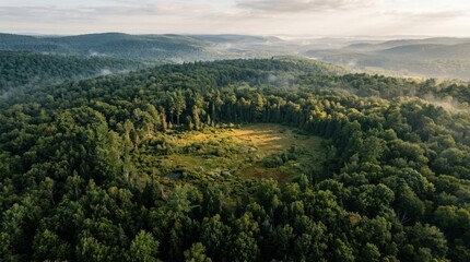 Fototapeta premium Aerial view of a circular forest clearing surrounded by dense coniferous trees in a misty mountain landscape
