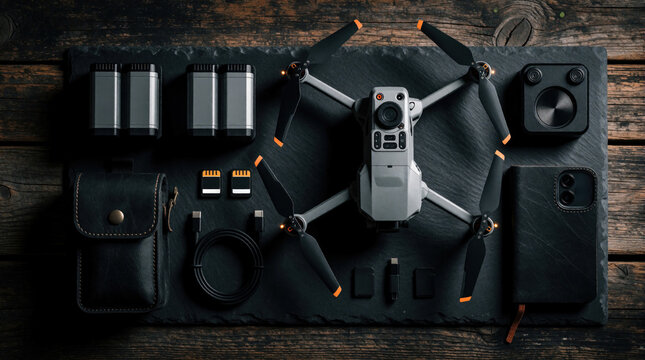 Flat lay of professional quadcopter drone with extra batteries, memory cards, accessories on dark slate background. Drone pilot gear includes remote, cables, leather pouch, smartphone for aerial