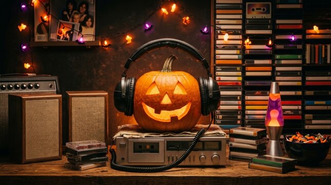 Glowing Halloween pumpkin wearing headphones on a vintage stereo surrounded by cassette tapes and festive lights