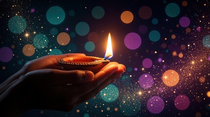Obraz premium Human hands hold lit diya lamp for Diwali festival. Traditional clay oil lamp glows with warm flame at night. Colorful bokeh lights, sparkles create festive atmosphere. Hindu culture celebration of