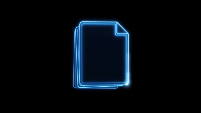 Glowing blue document stack with text typing line by line and pages flipping, seamless loop