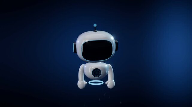 Cute robot assistant assembles from floating parts, lights up its face, waves and shows orbiting app icons