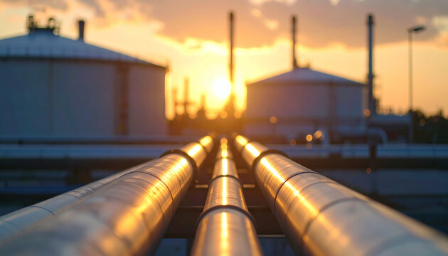 Industrial oil pipelines stretching towards a large petroleum refinery complex during a bright golden sunset with blurred storage tanks