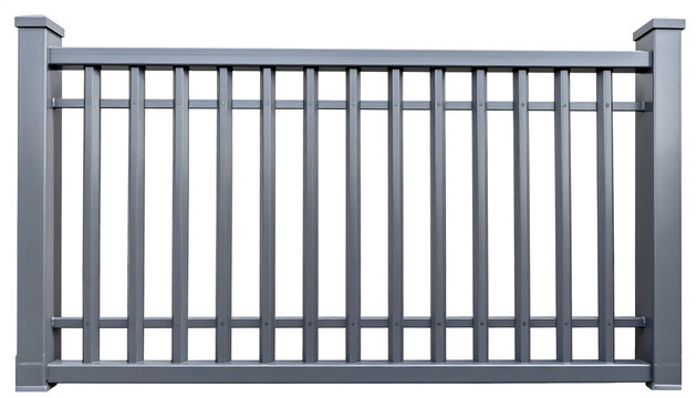 Modern metal railing panel with vertical slats isolated on a white background for architectural construction and home improvement design projects