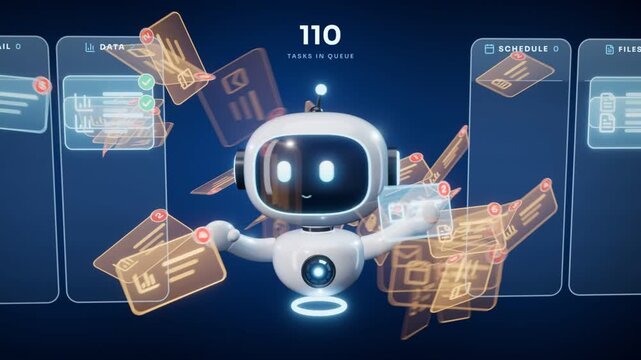 AI robot assistant sorting a flood of task cards into email, data, schedule and file columns until all clear