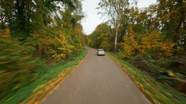 FPV aerial view of a car driving along a road through the autumn forest of Fruska Gora SERBIA.