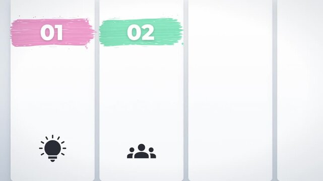 Numbered step cards infographic with brush stroke labels and icons sliding across a light gray background