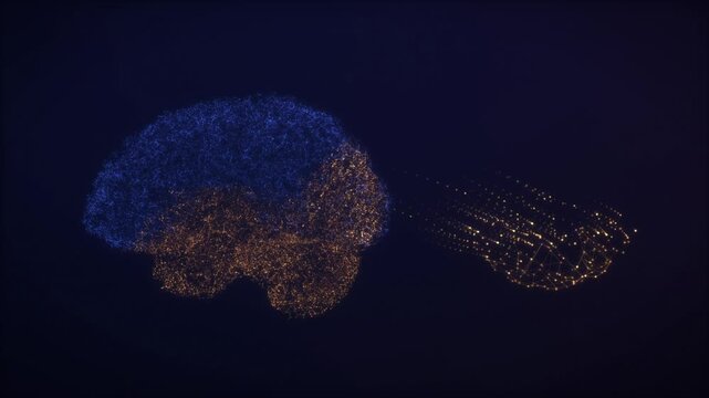 Particle brain turning from blue to gold as glowing particles stream out and form a network sphere