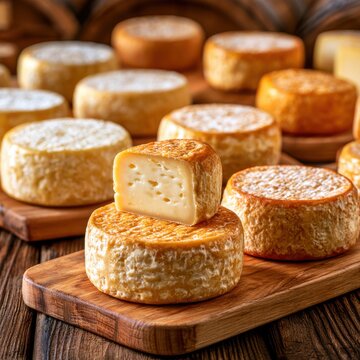 Artisanal handmade cheese wheels in various maturation stages on rustic wooden boards in a cellar. Perfect for gourmet food marketing and dairy production concepts.