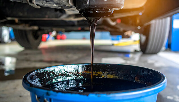 Motor oil draining from a car engine into a blue plastic bucket during a professional automotive maintenance service procedure