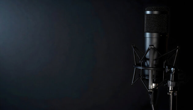 Professional studio microphone isolated on dark background featuring high quality sound recording equipment for podcasting broadcasting and radio production work