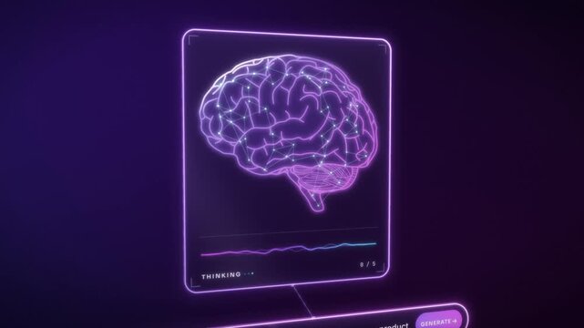 Generative AI prompt typed by voice, AI brain thinking and building a product launch campaign plan with images