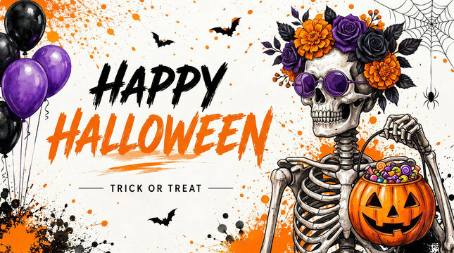 Happy Halloween Skeleton with Pumpkin Candy, Gothic Floral Skull, Bats and Spider Web, Trick or Treat Banner