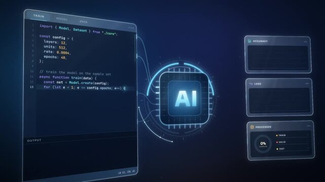 Machine learning model training on an AI chip with code editor, rising accuracy chart and falling loss curve