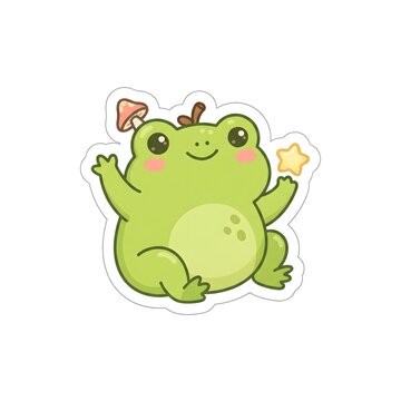 Adorable smiling frog with mushroom sticker, vector art