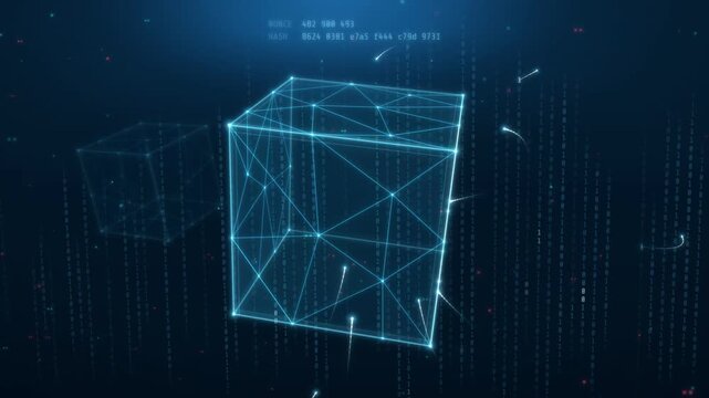Wireframe plexus cubes forming and linking into a block chain over falling digital code, blockchain concept
