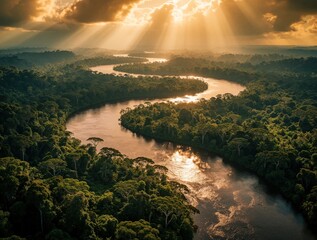 Obraz premium Aerial view of winding river through dense Amazon jungle at sunset. Golden sun rays shine over green tropical forest, river curves. Beautiful landscape of South America rainforest with sunlight rays