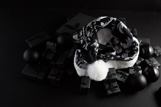 Skull santa hat creating dark christmas holiday atmosphere