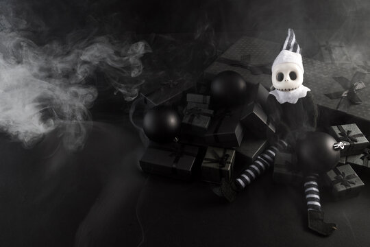 Skeleton elf doll celebrating gothic christmas with dark gifts