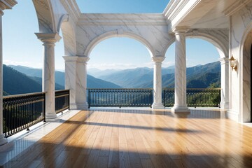 Fototapeta premium Empty luxury terrace with white marble arches, wooden floor. Scenic view of blue mountains, green forest from villa balcony. Elegant modern architecture with classical style at mountain resort. Sunny