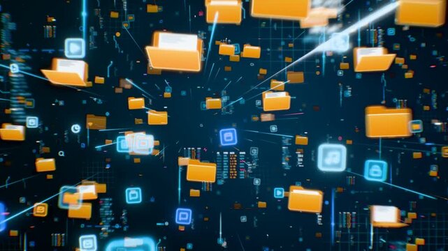 Digital folders and glowing app icons flying toward the camera, seamless loop data technology background