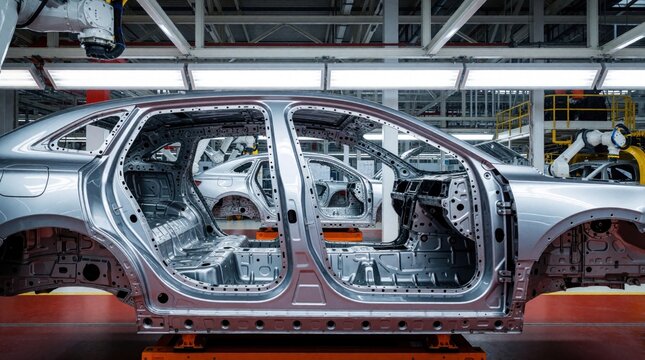 Silver car chassis on modern auto assembly line. Robotic arm, bright lights work on metal vehicle body in factory. Automated manufacturing process in high tech automotive plant for mass production of