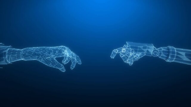 Human hand and robot hand wireframes reaching out to touch fingertips, human and AI collaboration concept